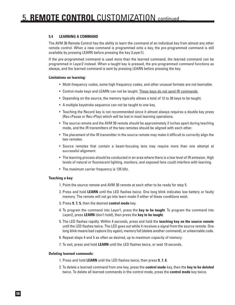 Learning a command, Remote control customization, Continued | Anthem AVM 30 User Manual | Page 66 / 84