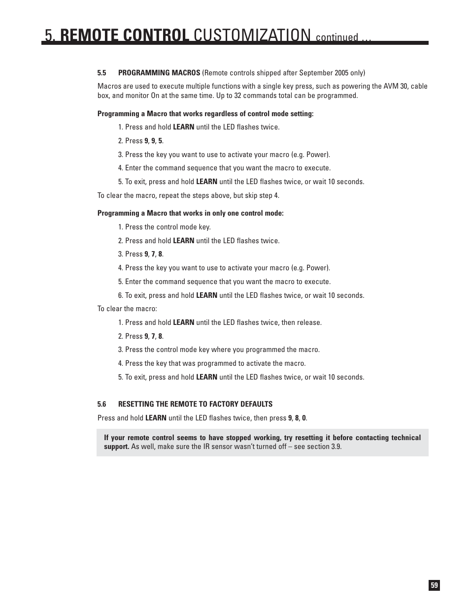 Programming macros, Resetting the remote to factory defaults, Remote control customization | Continued | Anthem AVM 30 User Manual | Page 67 / 84