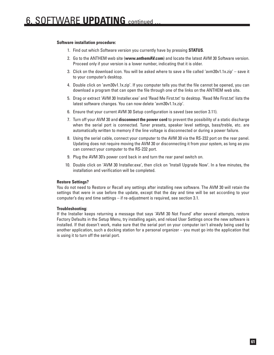 Software updating, Continued | Anthem AVM 30 User Manual | Page 69 / 84