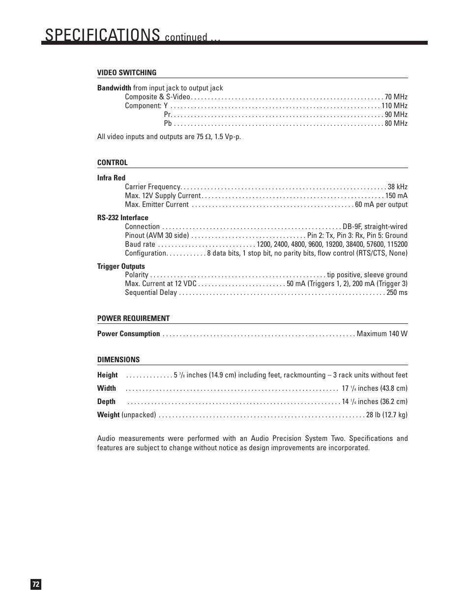 Specifications, Continued | Anthem AVM 30 User Manual | Page 80 / 84