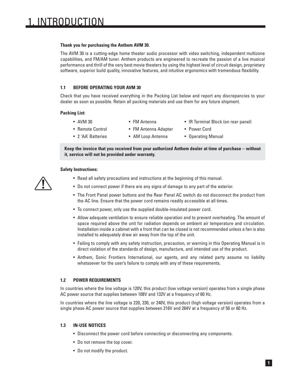 Before operating your avm 30, Power requirements, In-use notices | Introduction | Anthem AVM 30 User Manual | Page 9 / 84