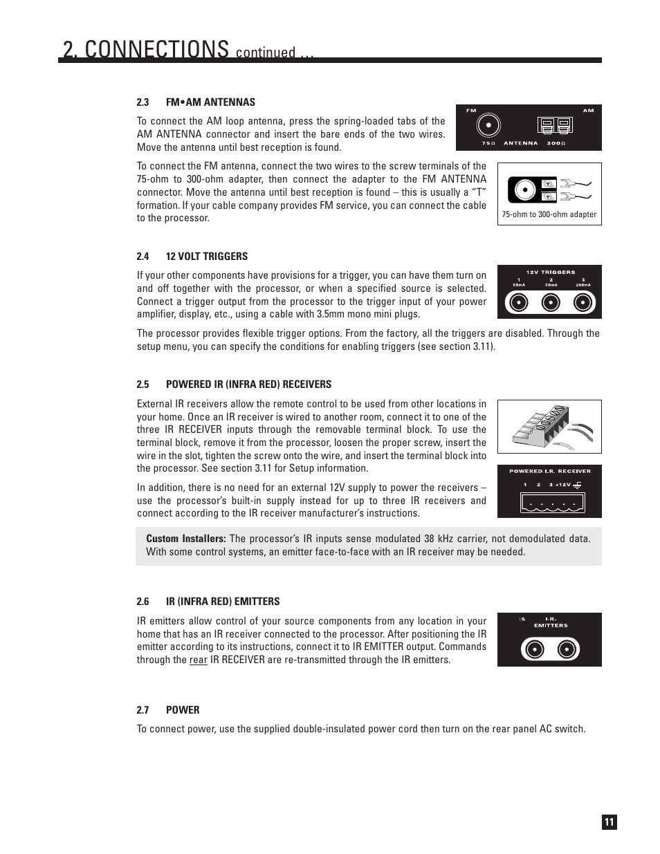 Fm•am antennas, 12 volt triggers, Powered ir (infra red) receivers | Ir (infra red) emitters, Power, Connections, Continued | Anthem AVM 50 User Manual | Page 19 / 102