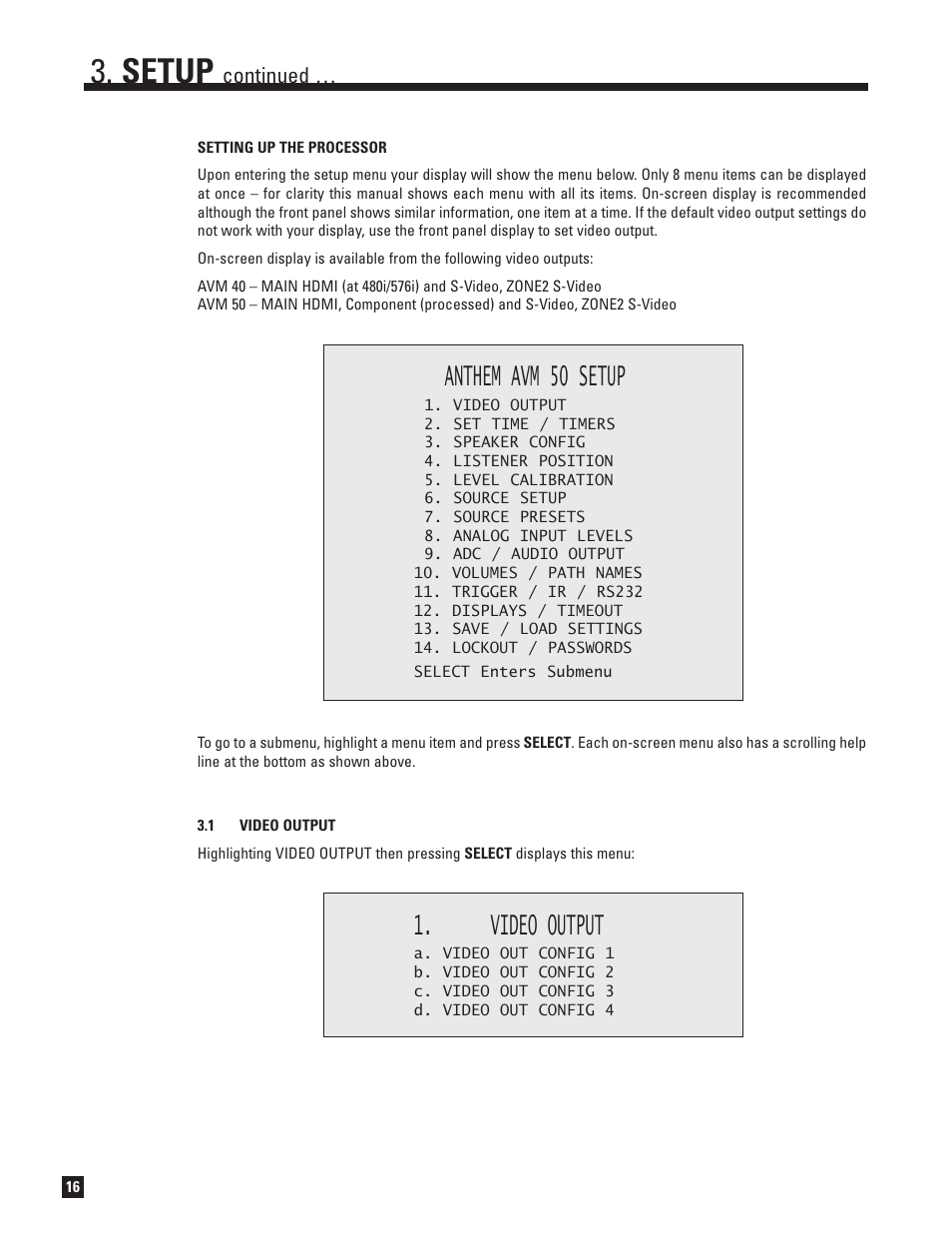 Video output, Setup, Anthem avm 50 setup | Continued | Anthem AVM 50 User Manual | Page 24 / 102