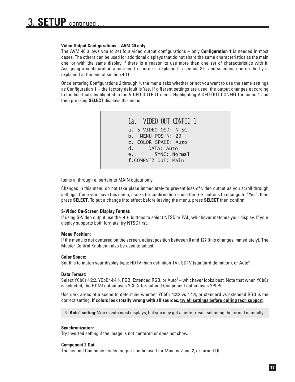 Setup, 1a. video out config 1, Continued | Anthem AVM 50 User Manual | Page 25 / 102