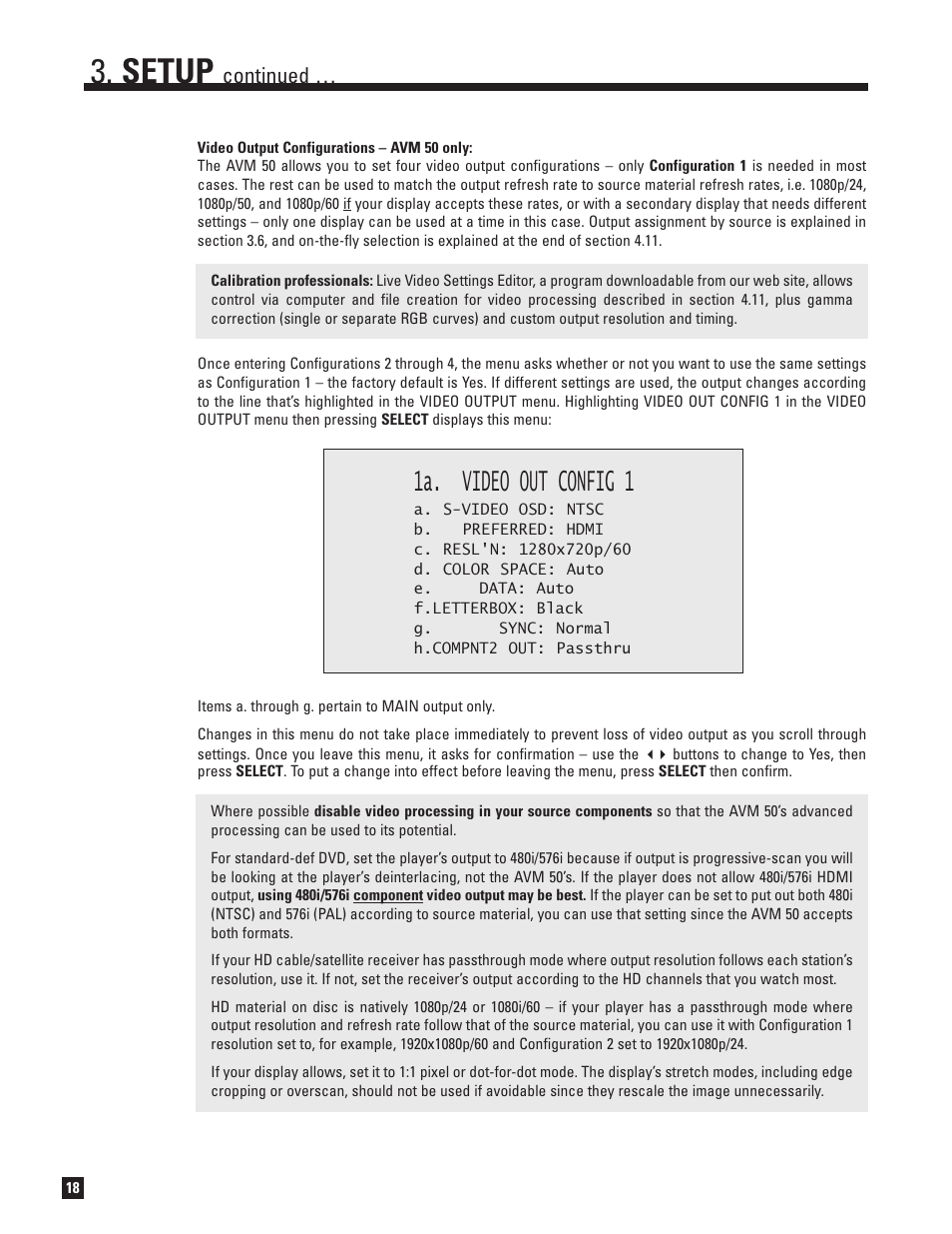 Setup, 1a. video out config 1, Continued | Anthem AVM 50 User Manual | Page 26 / 102