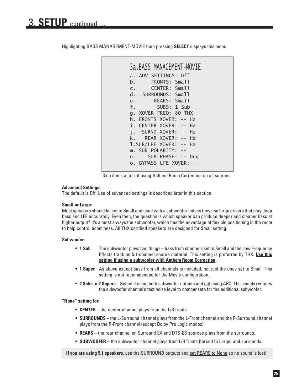 Setup, 3a.bass management-movie, Continued | Anthem AVM 50 User Manual | Page 33 / 102