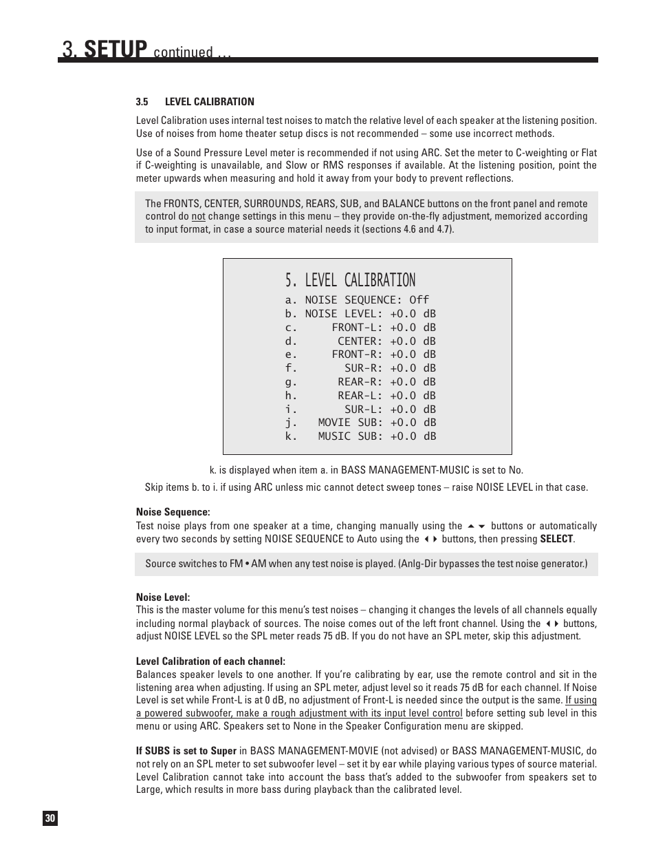 Level calibration, Setup, Continued | Anthem AVM 50 User Manual | Page 38 / 102