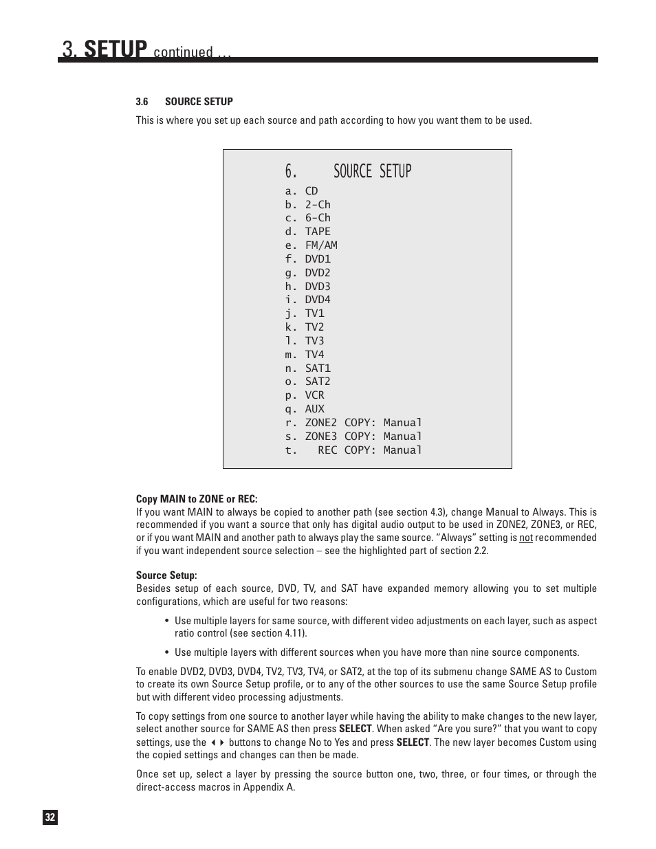 Source setup, Setup, Continued | Anthem AVM 50 User Manual | Page 40 / 102