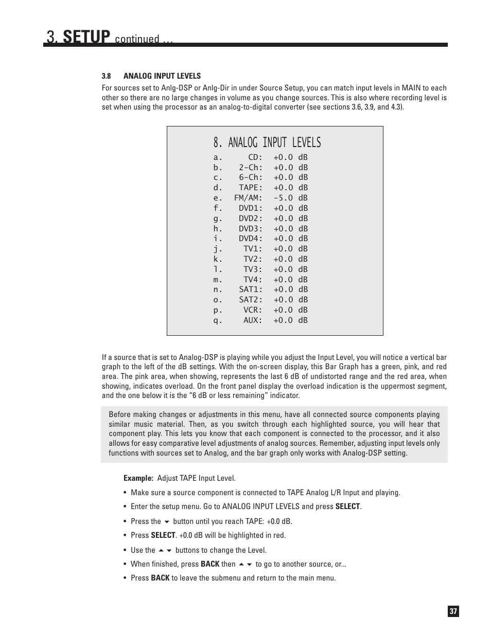 Analog input levels, Setup, Continued | Anthem AVM 50 User Manual | Page 45 / 102