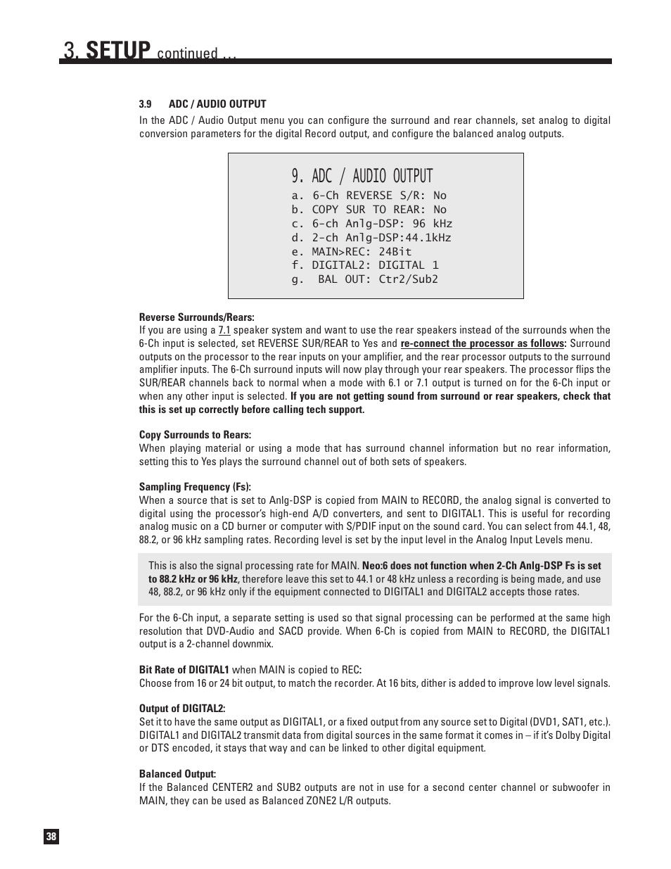 Adc and audio output, Setup, Adc / audio output | Continued | Anthem AVM 50 User Manual | Page 46 / 102