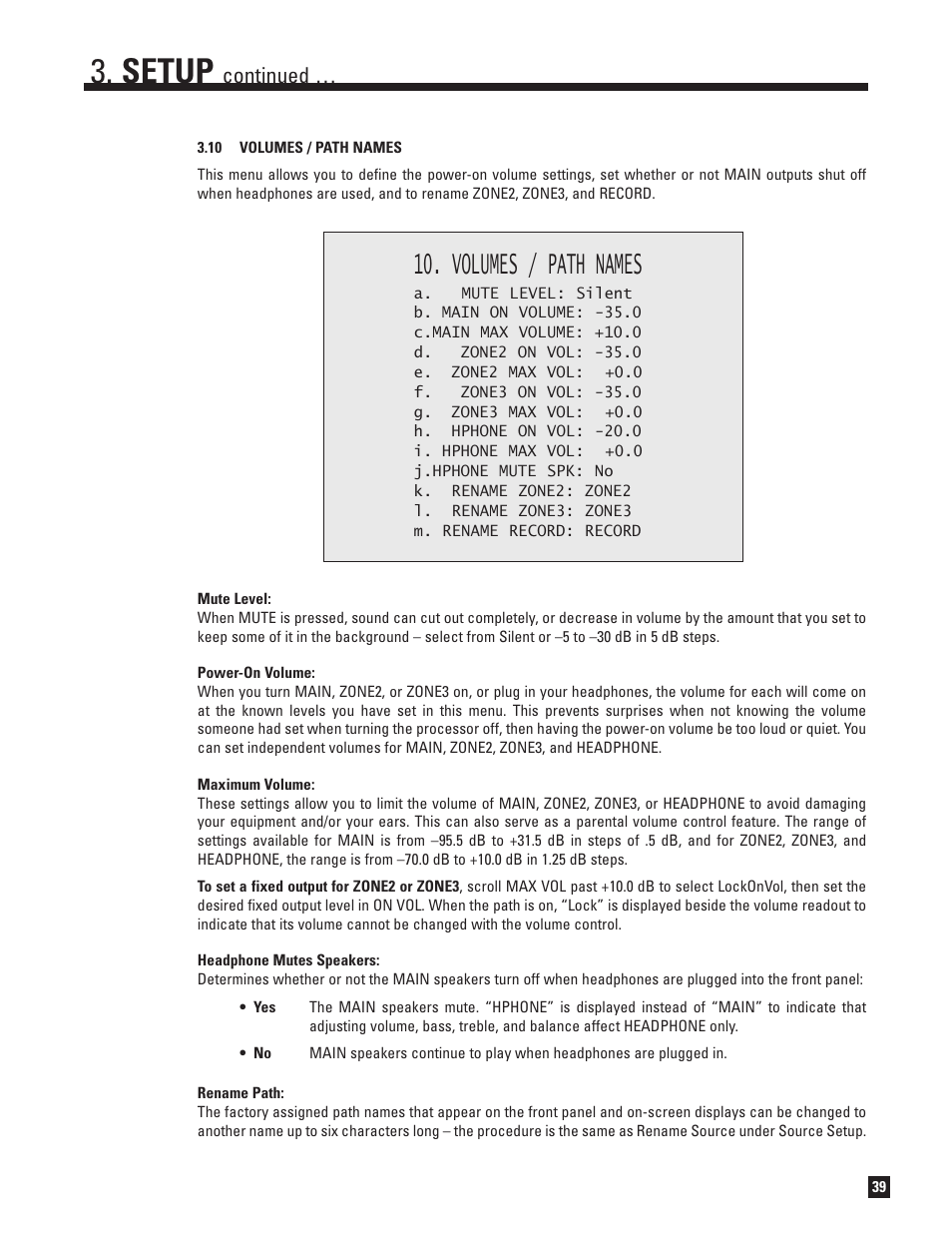 10 volumes and path names, Setup, Volumes / path names | Continued | Anthem AVM 50 User Manual | Page 47 / 102