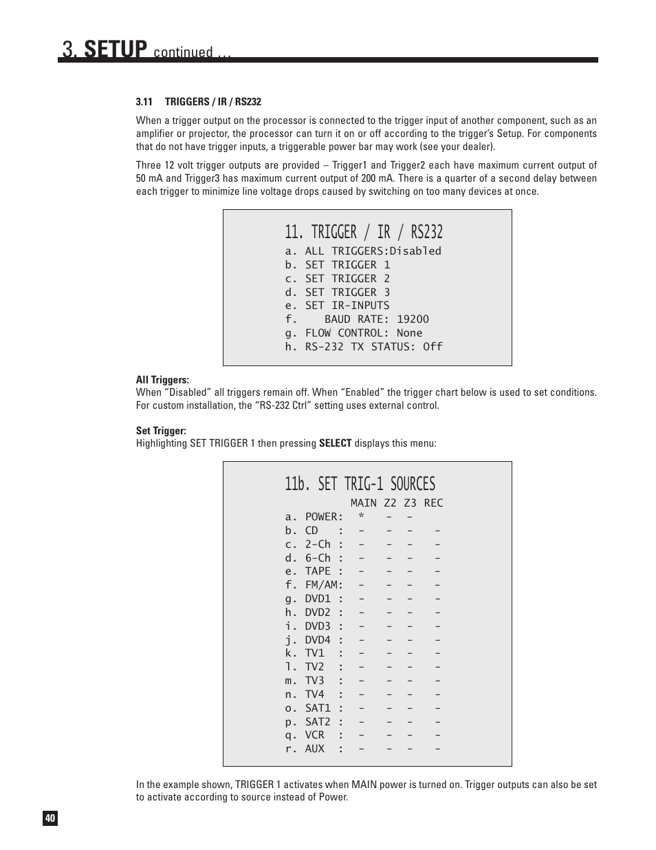 11 triggers, ir, and rs-232, Setup, Trigger / ir / rs232 | 11b. set trig-1 sources, Continued | Anthem AVM 50 User Manual | Page 48 / 102