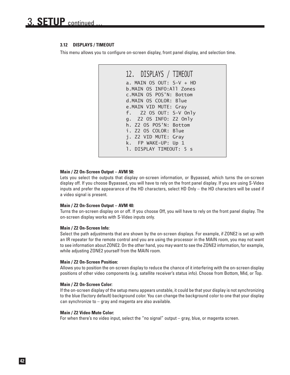 12 displays and timeout, Setup, Displays / timeout | Continued | Anthem AVM 50 User Manual | Page 50 / 102