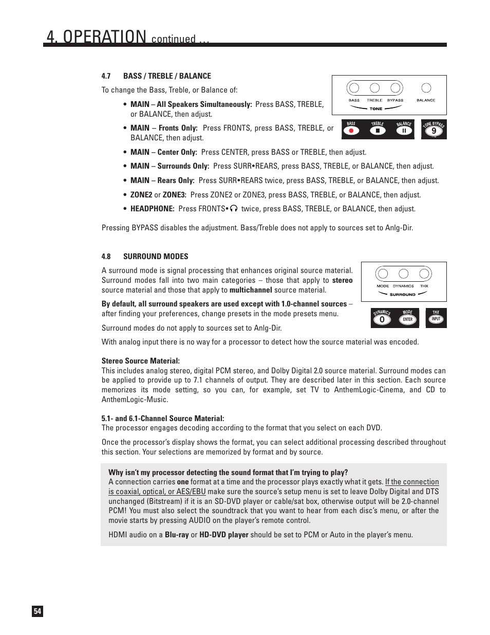 Bass, treble, and balance, Surround modes, Operation | Continued | Anthem AVM 50 User Manual | Page 62 / 102