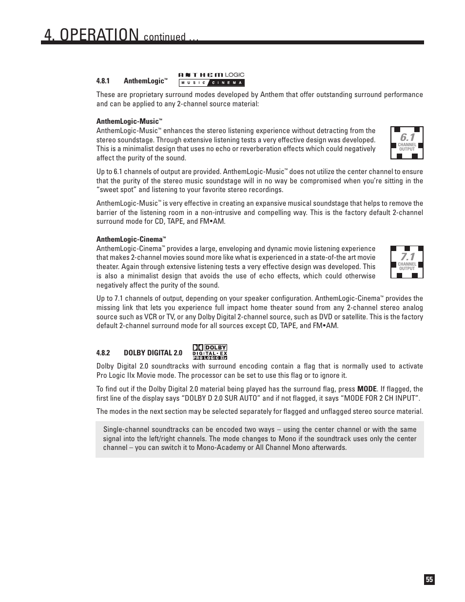 Anthemlogic, Dolby digital 2.0, Operation | Continued | Anthem AVM 50 User Manual | Page 63 / 102