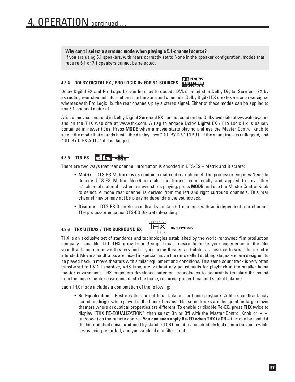 Dts-es, Thx ultra2 and thx surround ex, Operation | Continued | Anthem AVM 50 User Manual | Page 65 / 102