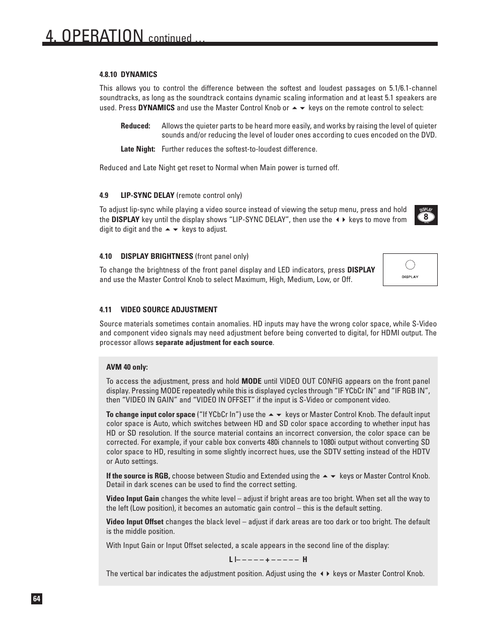 10 dynamics, Lip-sync delay, 10 display brightness | 11 video source adjustment, Operation, Continued | Anthem AVM 50 User Manual | Page 72 / 102