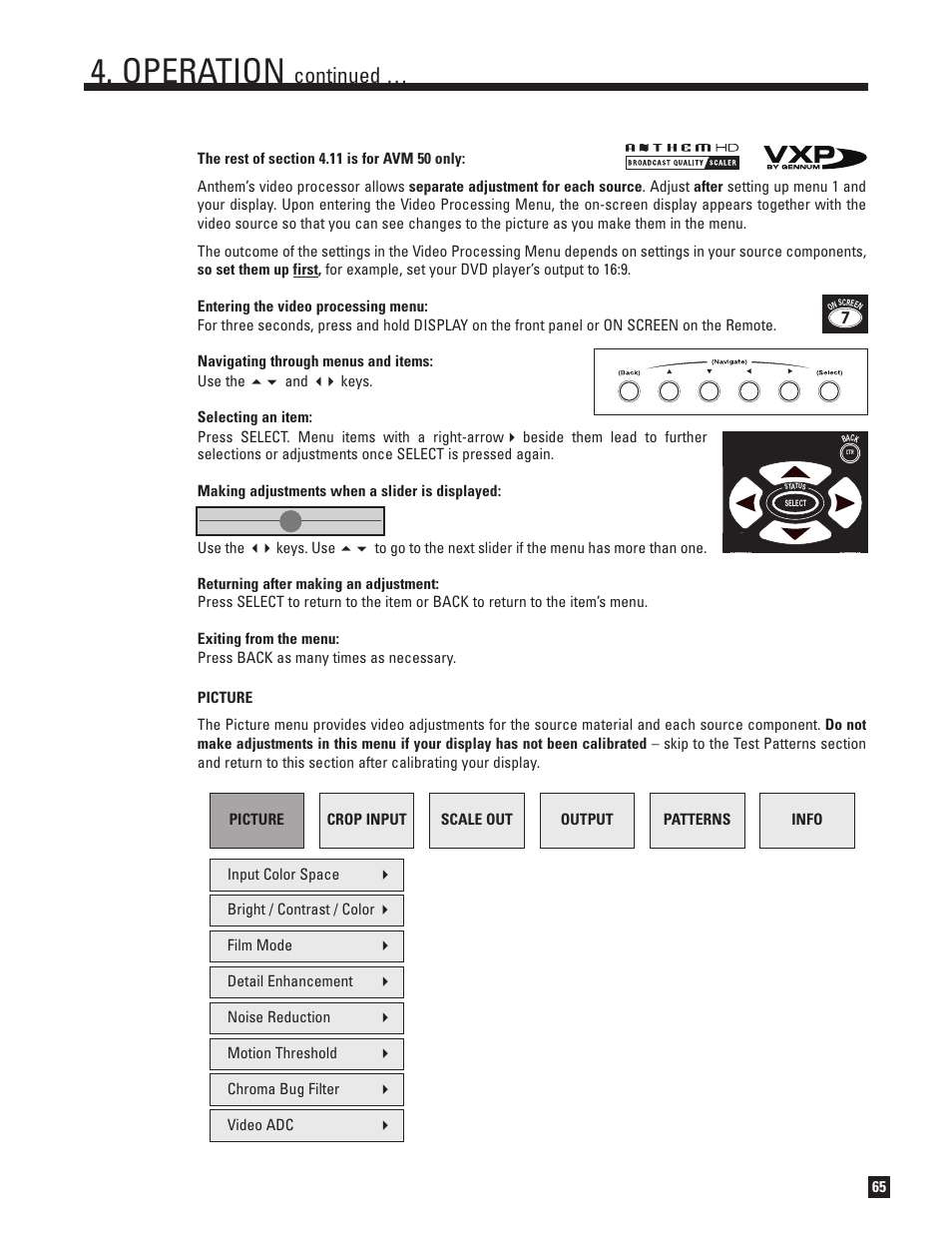 Picture, Operation, Continued | Anthem AVM 50 User Manual | Page 73 / 102