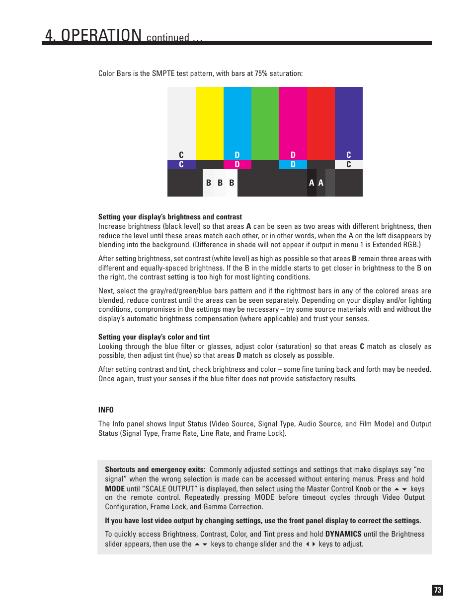 Info panel, Shortcuts and emergency exits, Operation | Continued | Anthem AVM 50 User Manual | Page 81 / 102