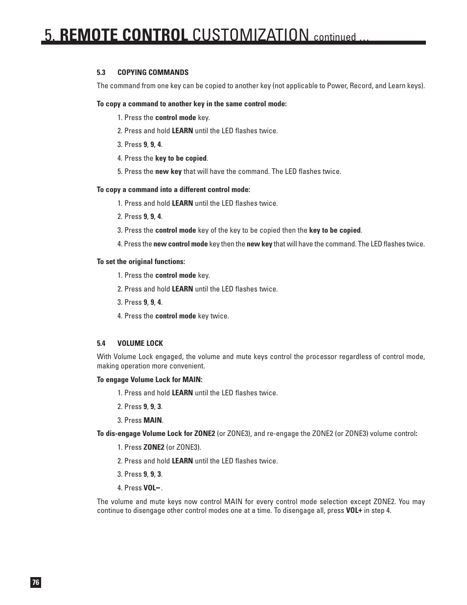 Copying commands, Volume lock, Remote control customization | Continued | Anthem AVM 50 User Manual | Page 84 / 102