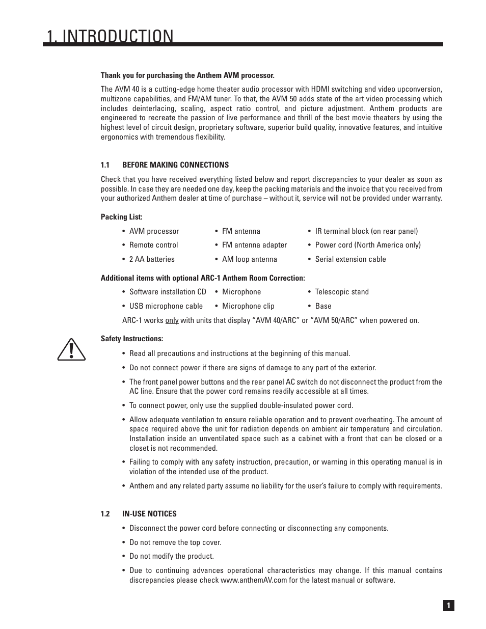 Before making connections, In-use notices, Introduction | Anthem AVM 50 User Manual | Page 9 / 102