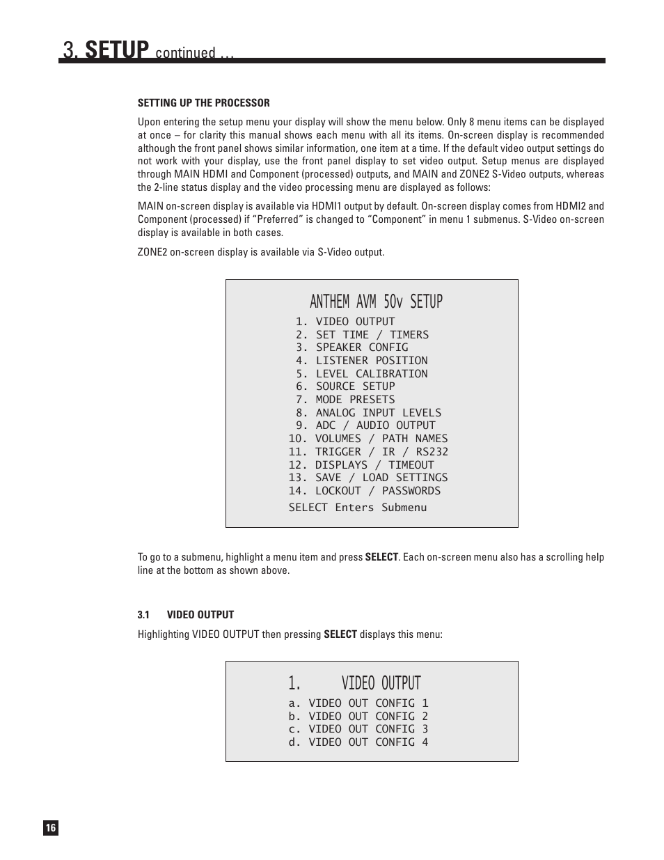 Video output, Setup, Anthem avm 50v setup | Anthem AVM 50v 3D User Manual | Page 24 / 102