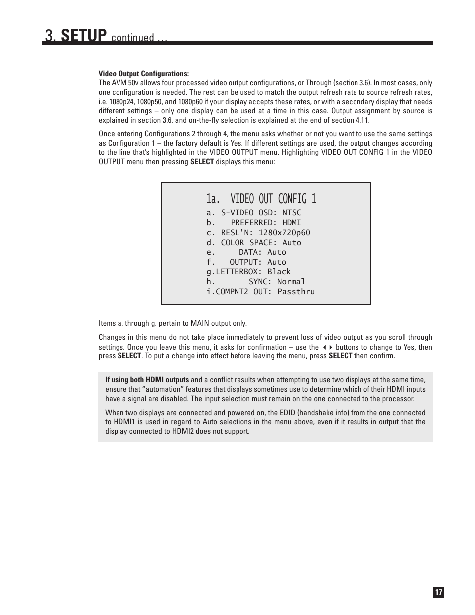 Setup, 1a. video out config 1, Continued | Anthem AVM 50v 3D User Manual | Page 25 / 102