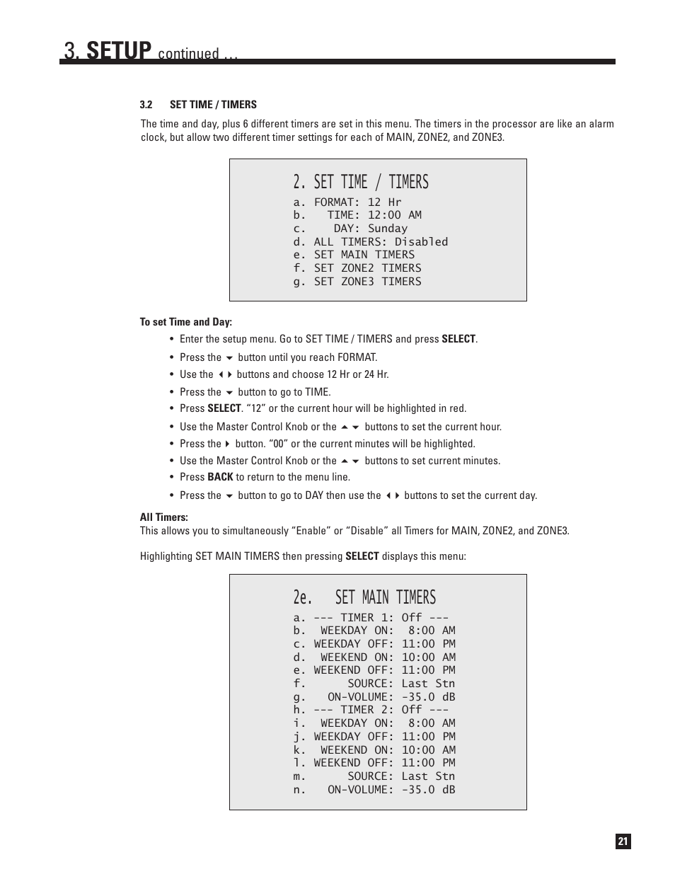 Set time and timers, Setup, Set time / timers | 2e. set main timers, Continued | Anthem AVM 50v 3D User Manual | Page 29 / 102