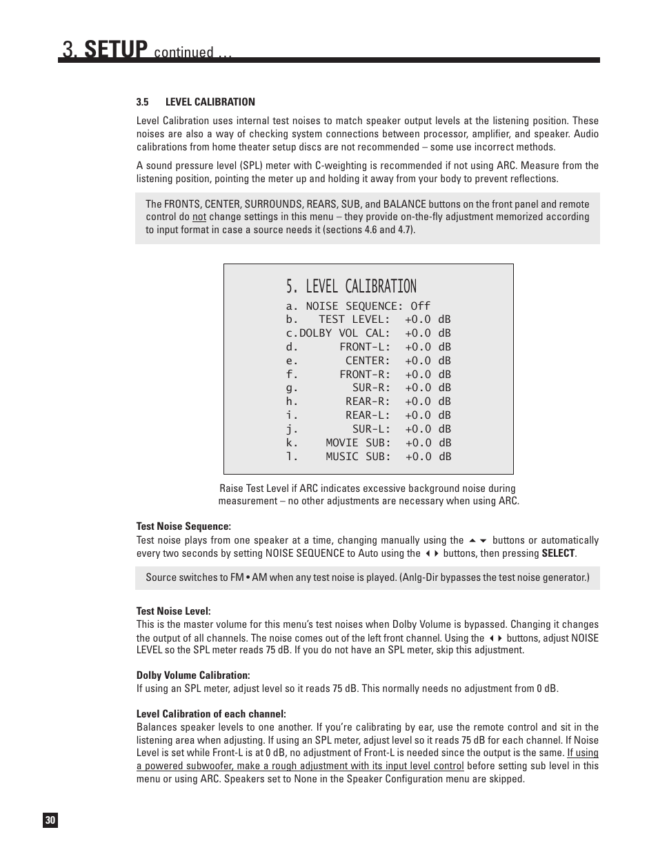 Level calibration, Setup, Continued | Anthem AVM 50v 3D User Manual | Page 38 / 102