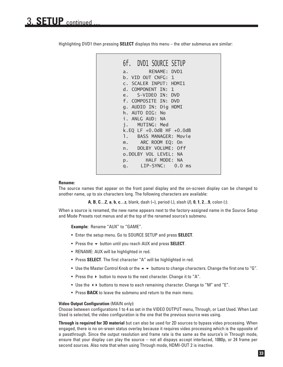 Setup, 6f. dvd1 source setup, Continued | Anthem AVM 50v 3D User Manual | Page 41 / 102