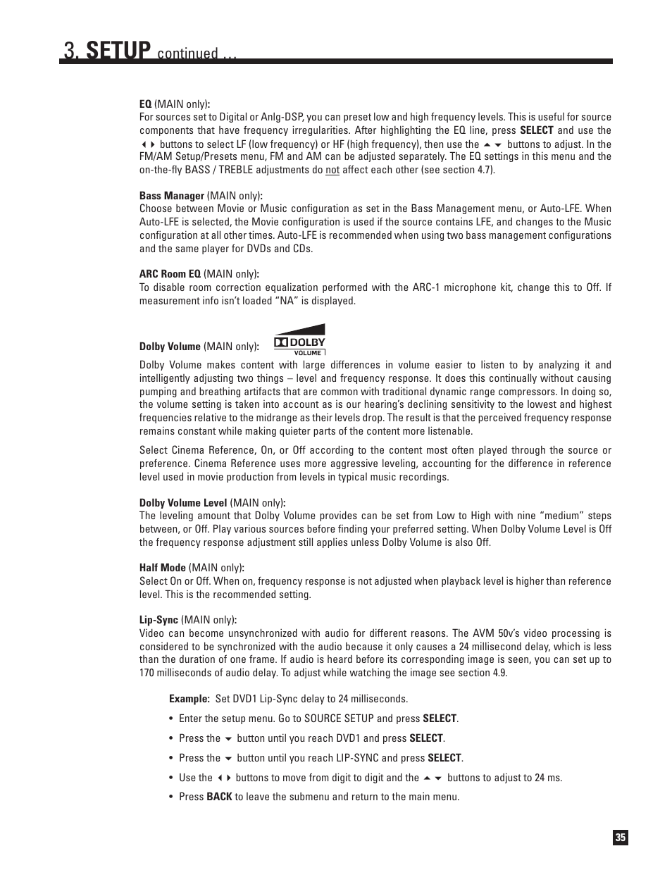 Setup, Continued | Anthem AVM 50v 3D User Manual | Page 43 / 102