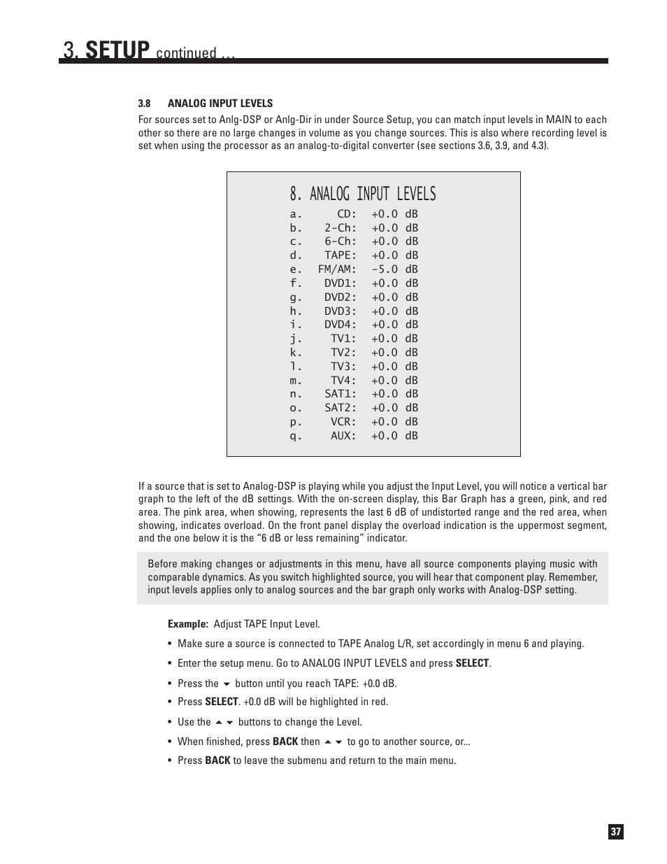 Analog input levels, Setup, Continued | Anthem AVM 50v 3D User Manual | Page 45 / 102