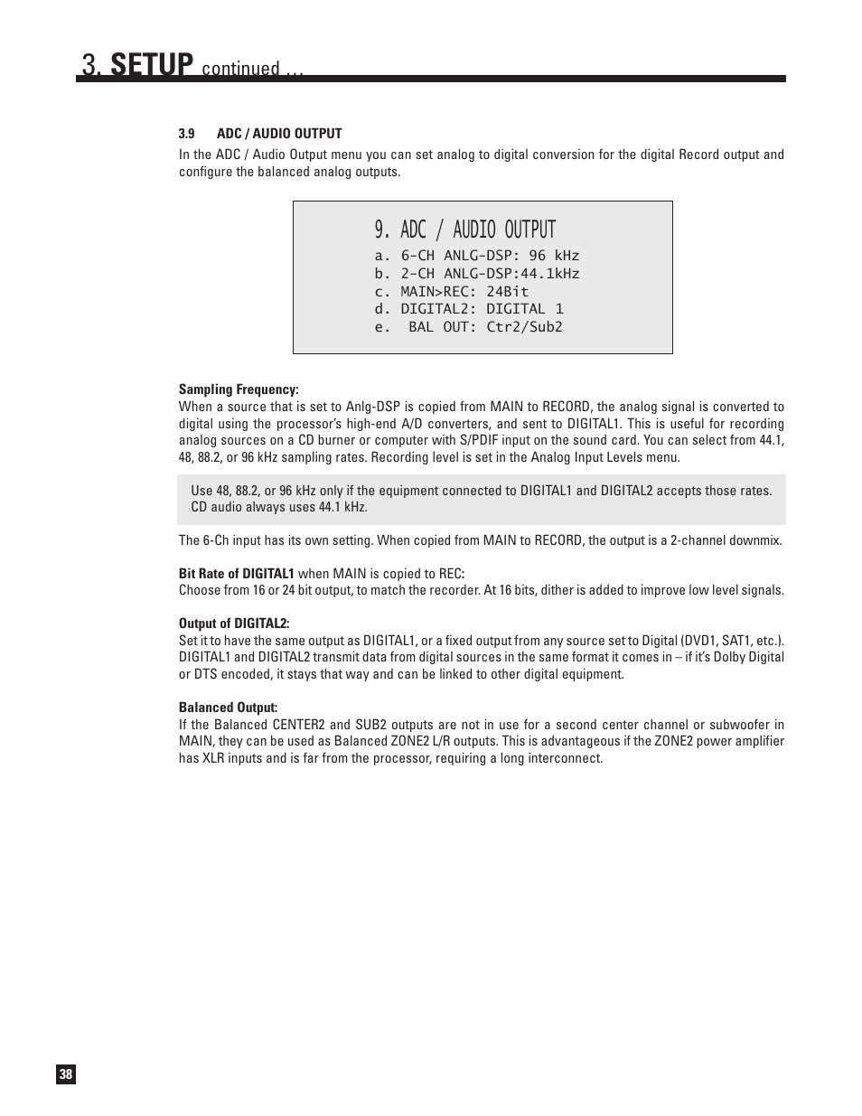 Adc and audio output, Setup, Adc / audio output | Continued | Anthem AVM 50v 3D User Manual | Page 46 / 102