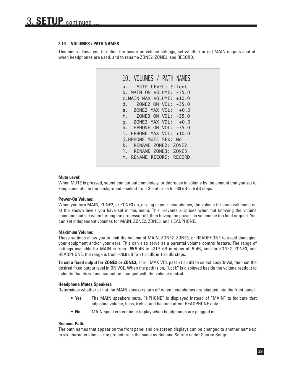 10 volumes and path names, Setup, Volumes / path names | Continued | Anthem AVM 50v 3D User Manual | Page 47 / 102