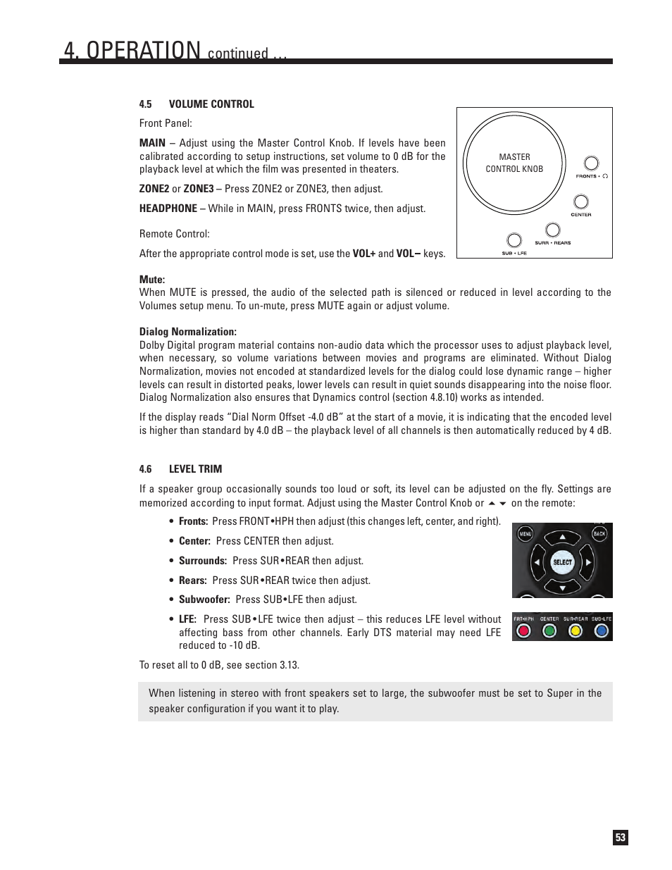 Volume control, Level trim, Operation | Continued | Anthem AVM 50v 3D User Manual | Page 61 / 102