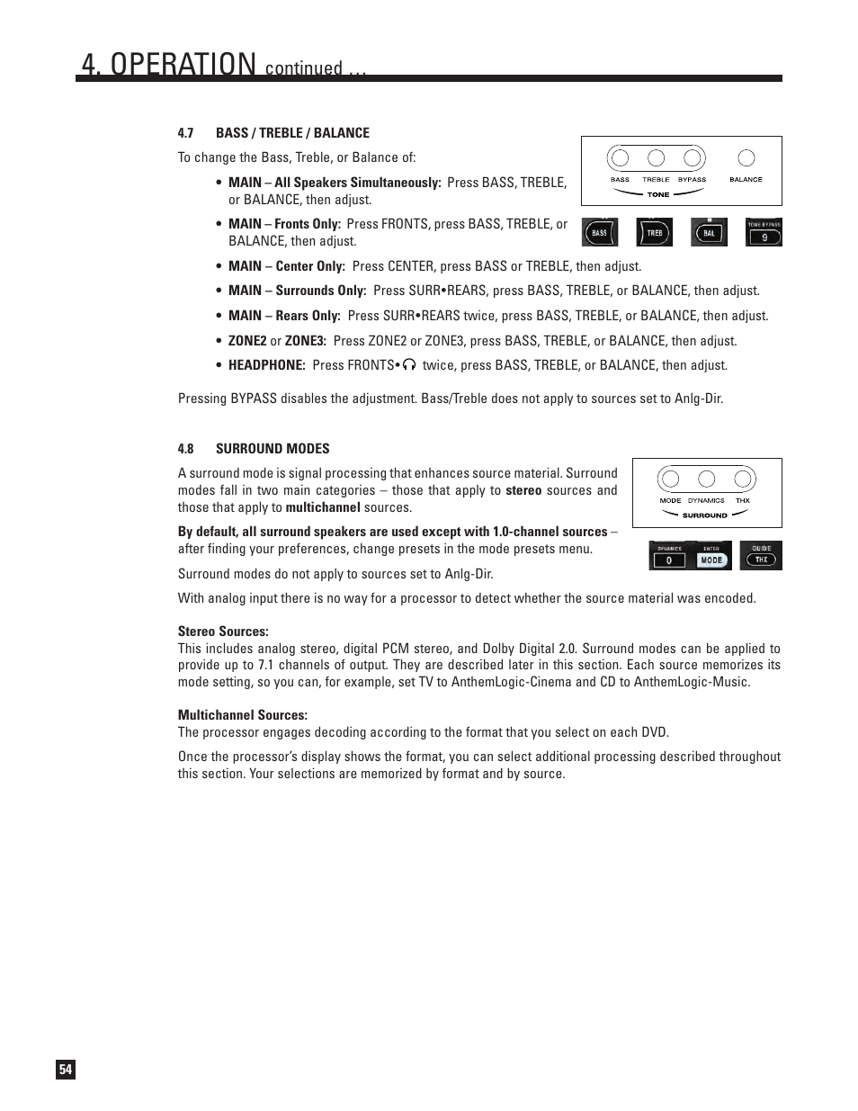 Bass, treble, and balance, Surround modes, Operation | Continued | Anthem AVM 50v 3D User Manual | Page 62 / 102