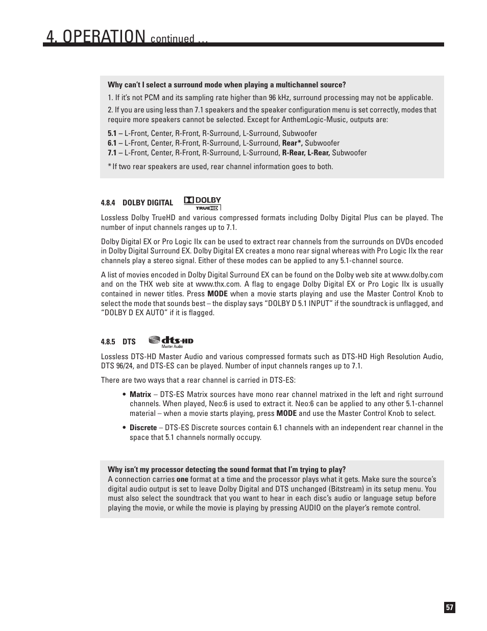 Dolby digital, Operation, Continued | Anthem AVM 50v 3D User Manual | Page 65 / 102