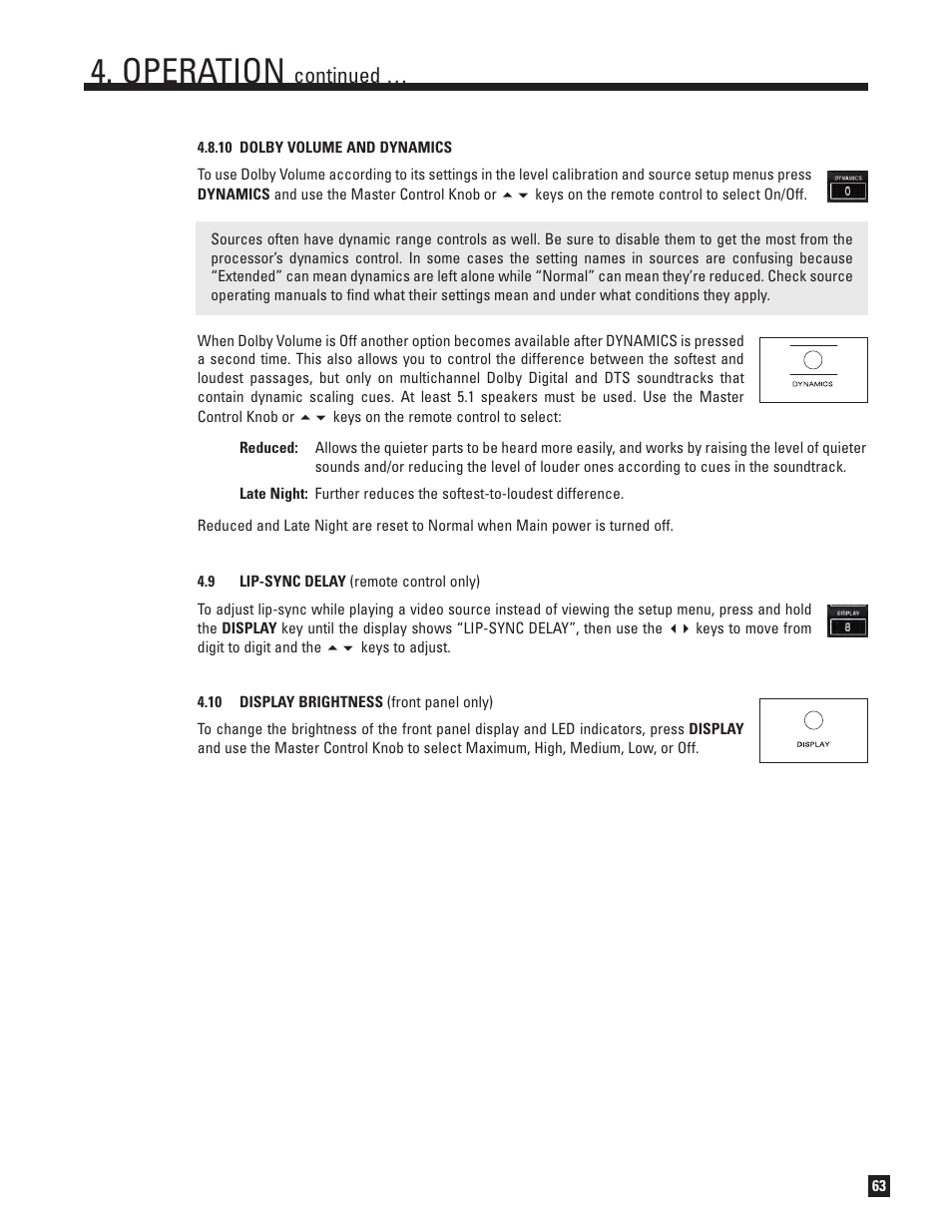 10 dynamics, Lip-sync delay, 10 display brightness | Operation, Continued | Anthem AVM 50v 3D User Manual | Page 71 / 102