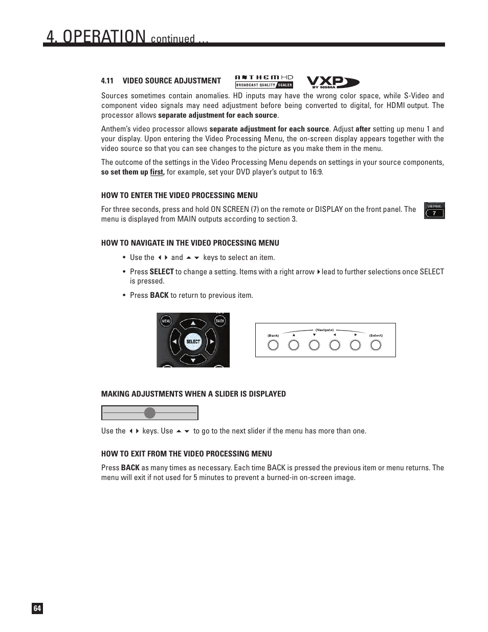 11 video source adjustment, Operation, Continued | Anthem AVM 50v 3D User Manual | Page 72 / 102