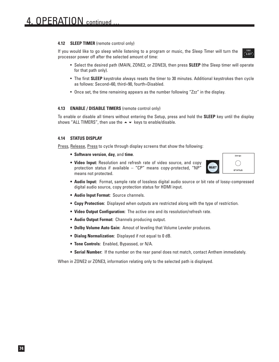 12 sleep timer, 13 enable and disable timers, 14 status display | Operation, Continued | Anthem AVM 50v 3D User Manual | Page 82 / 102