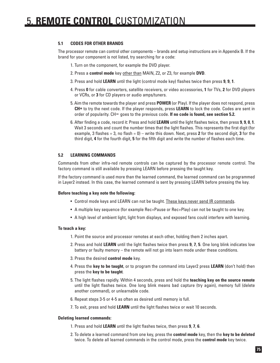 Codes for other brands, Learning commands, Remote control customization | Anthem AVM 50v 3D User Manual | Page 83 / 102