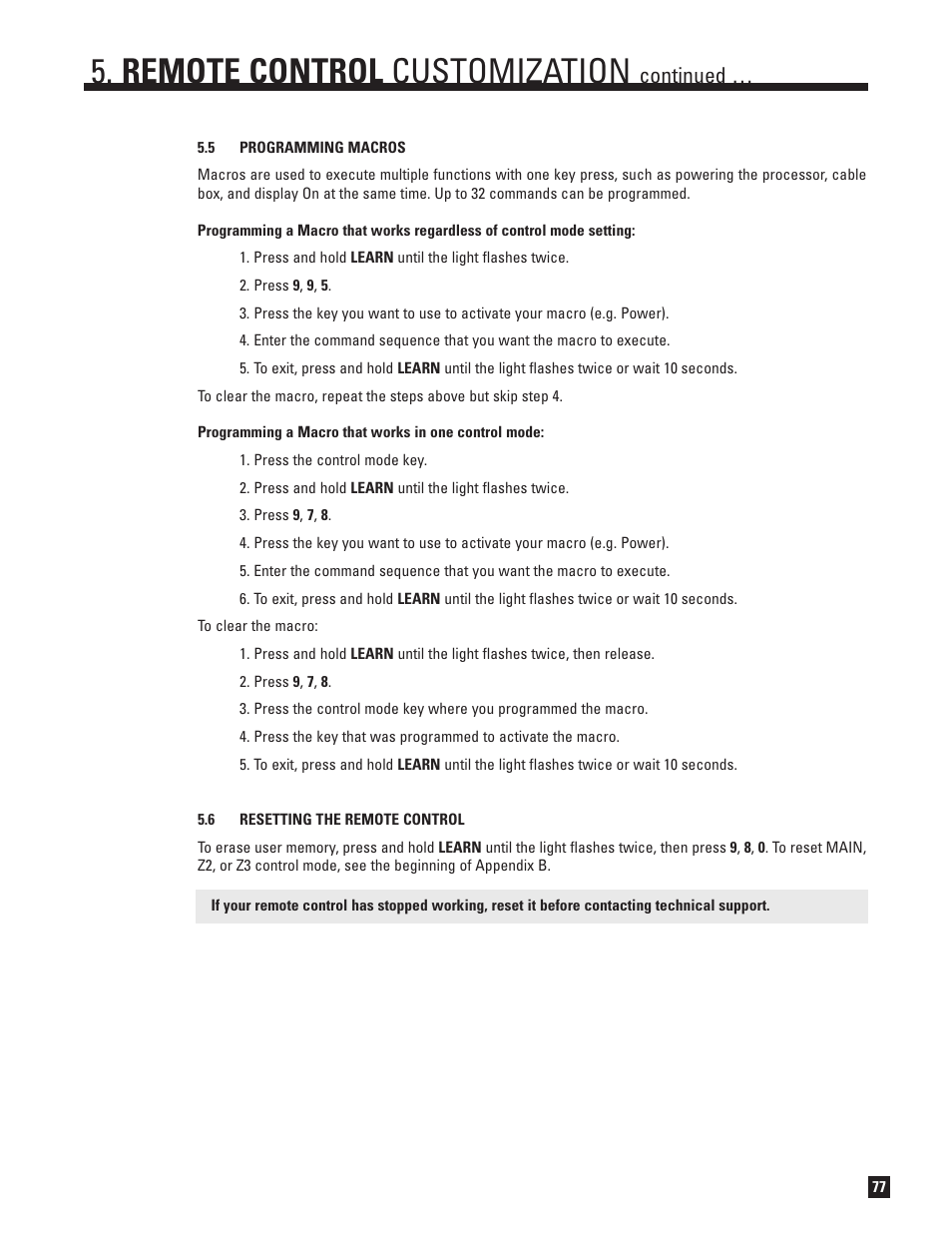 Programming macros, Resetting the remote control, Remote control customization | Continued | Anthem AVM 50v 3D User Manual | Page 85 / 102