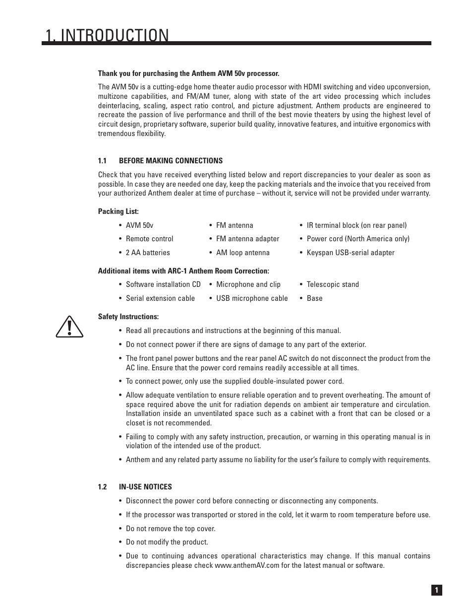 Before making connections, In-use notices, Introduction | Anthem AVM 50v 3D User Manual | Page 9 / 102