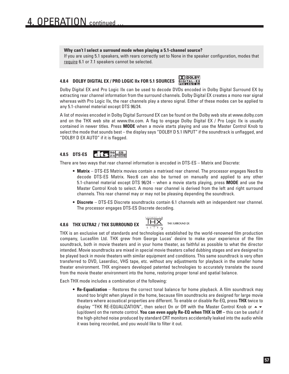 Dts-es, Thx ultra2 and thx surround ex, Operation | Continued | Anthem D2 User Manual | Page 65 / 102