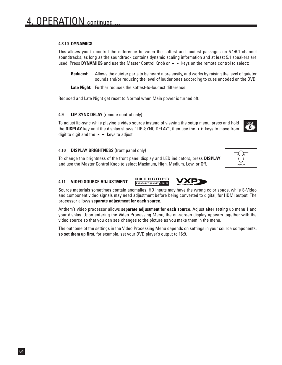 10 dynamics, Lip-sync delay, 10 display brightness | 11 video source adjustment, Operation, Continued | Anthem D2 User Manual | Page 72 / 102