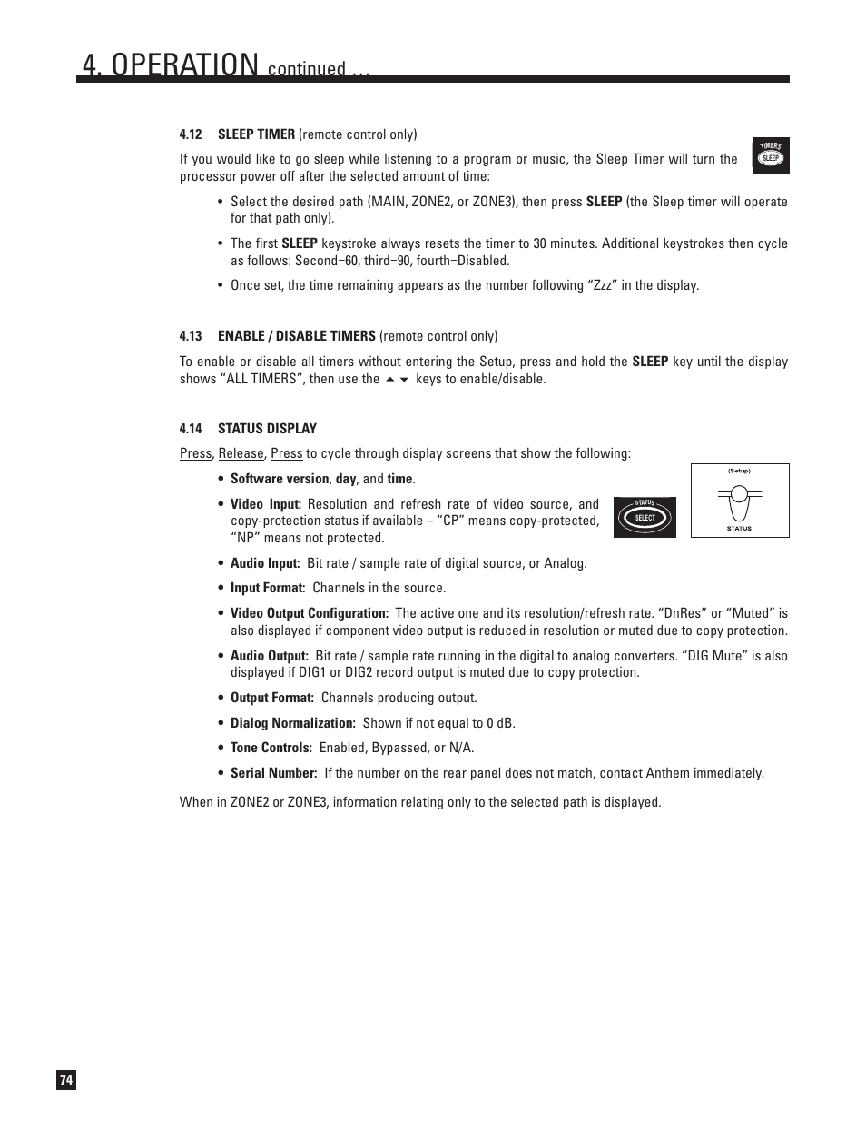 12 sleep timer, 13 enable and disable timers, 14 status display | Operation, Continued | Anthem D2 User Manual | Page 82 / 102