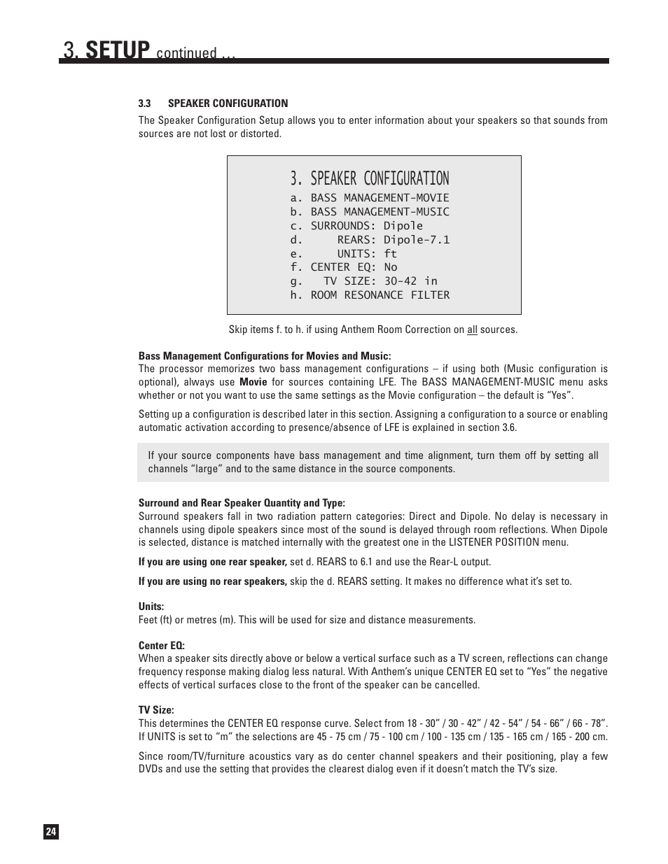 Speaker configuration, Setup, Continued | Anthem D2v 3D User Manual | Page 32 / 102