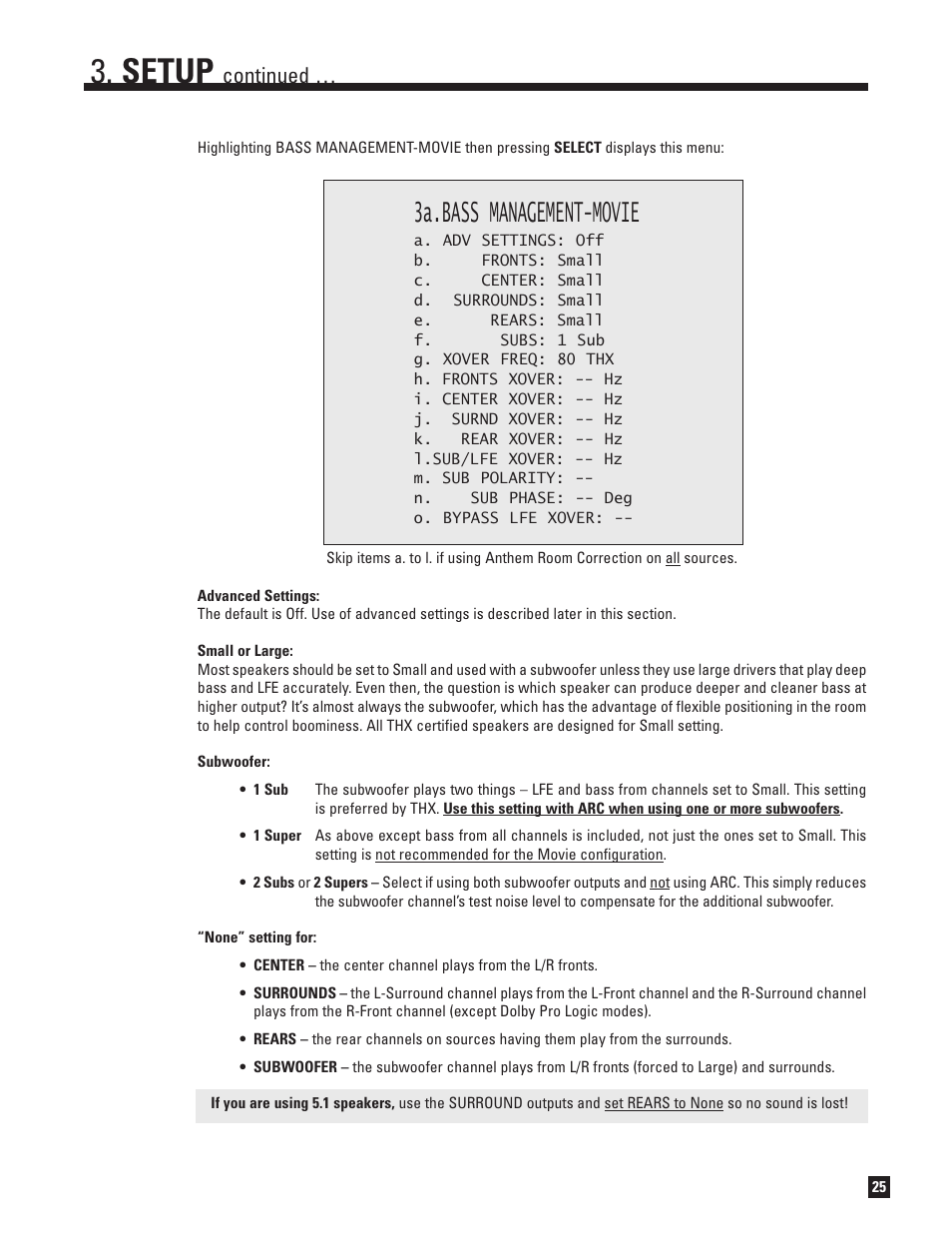 Setup, 3a.bass management-movie, Continued | Anthem D2v 3D User Manual | Page 33 / 102