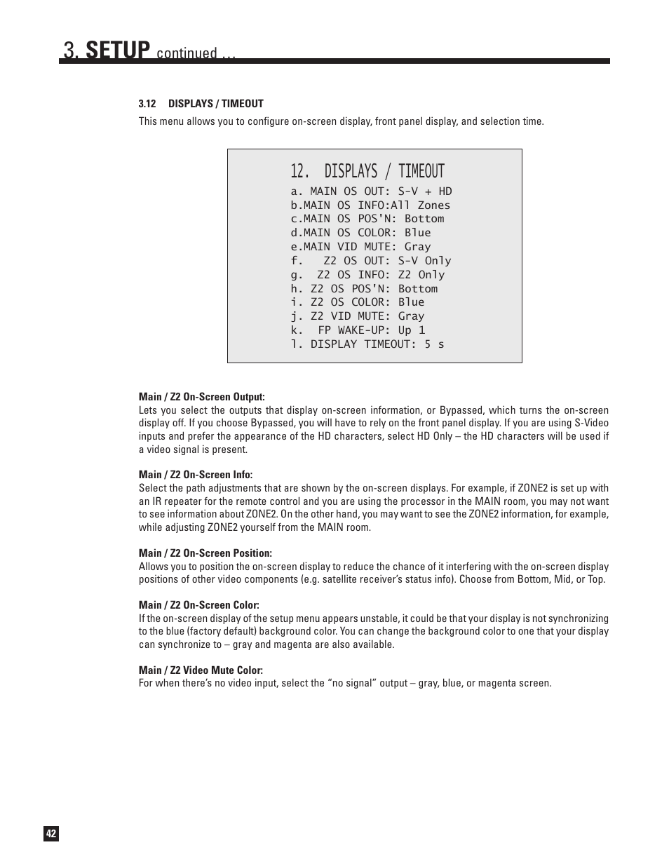 12 displays and timeout, Setup, Displays / timeout | Continued | Anthem D2v 3D User Manual | Page 50 / 102