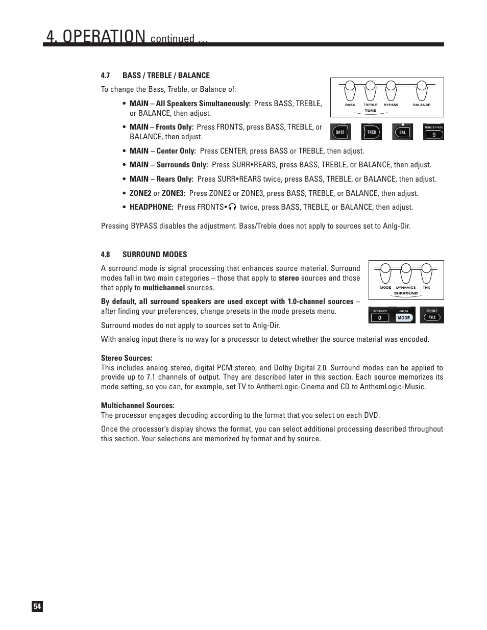 Bass, treble, and balance, Surround modes, Operation | Continued | Anthem D2v 3D User Manual | Page 62 / 102